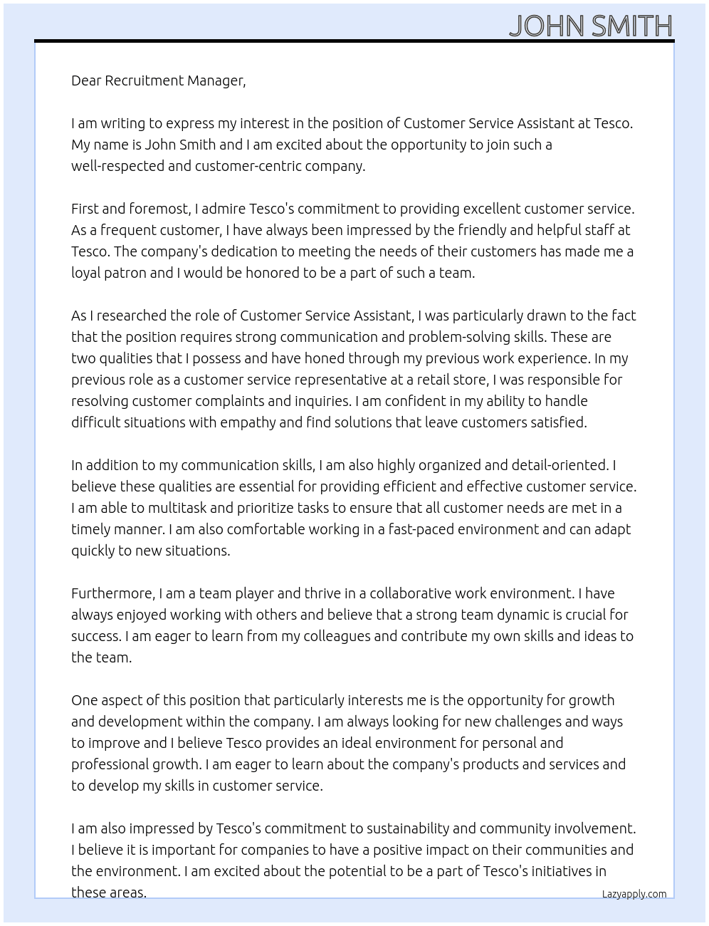 Customer Service Assistant At Tesco Cover Letter