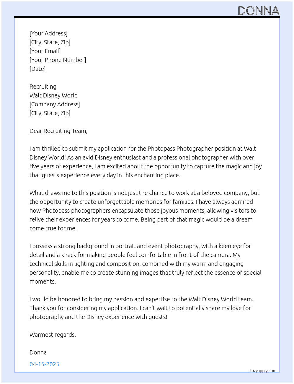 Photopass Photographer At Walt Disney World  Cover Letter