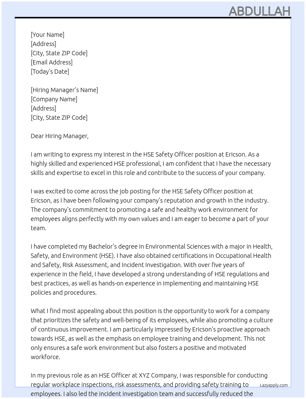 HSE Safety Officer At Ericson Cover Letter
