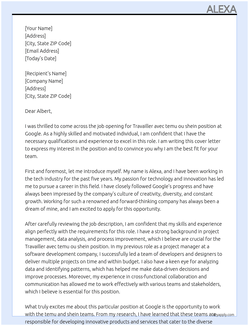Cover letter for travailler  avec temu ou shein - LazyApply