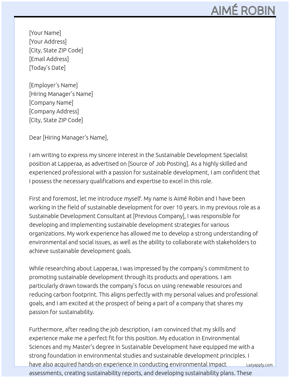 Sustainable Development Specialist At Lapperaa Cover Letter
