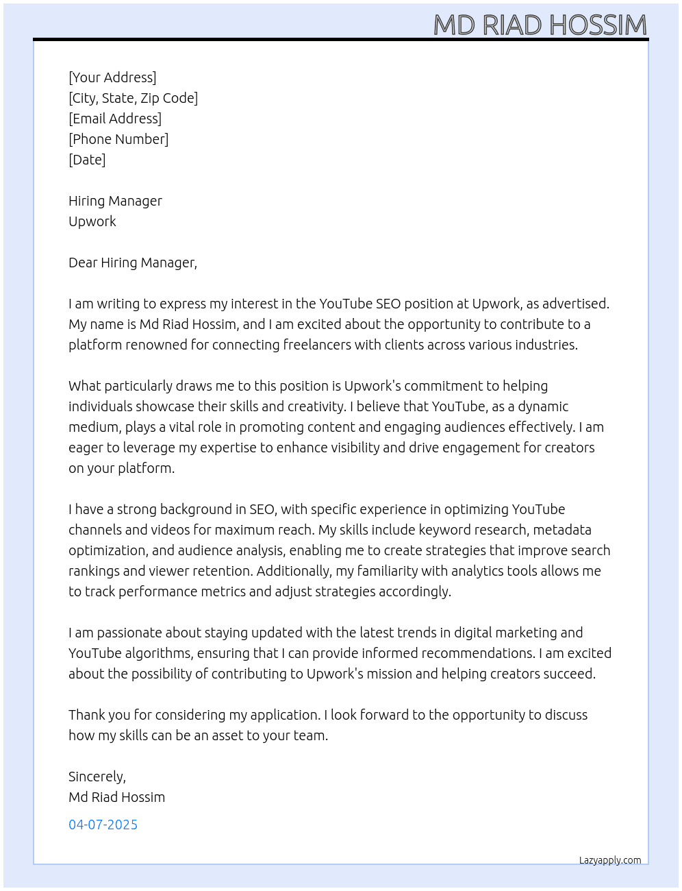 Cover letter for youtube seo - LazyApply