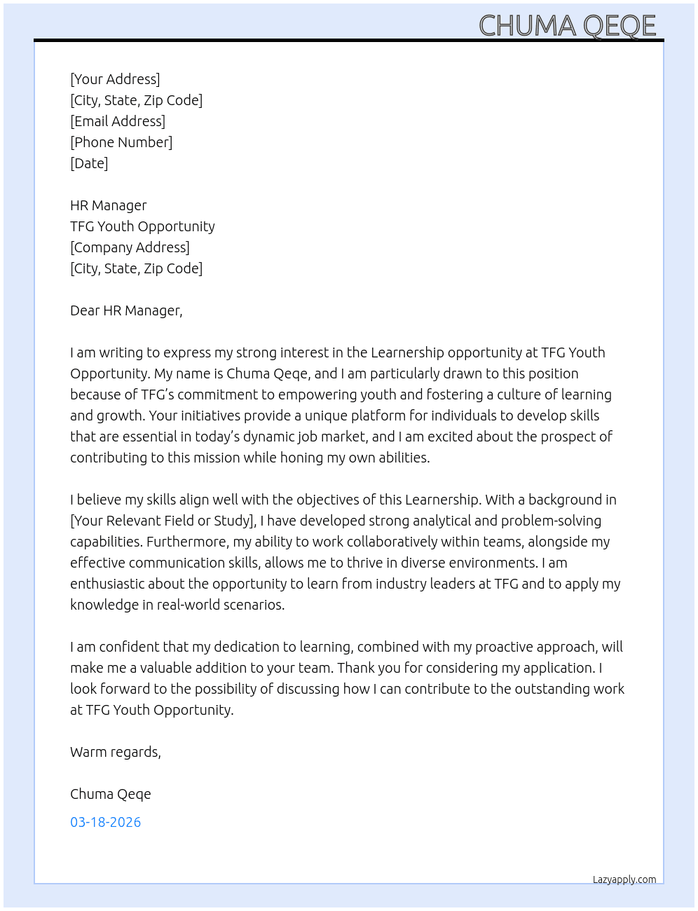 Learniship opportunity  At TFG youth opportunity  Cover Letter