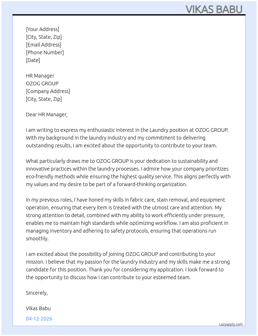 laundry  At OZOG GROUP  Cover Letter