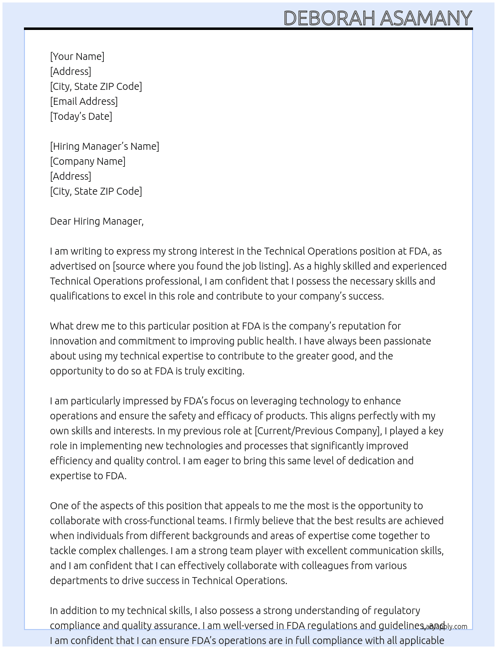Cover letter for technical operations - LazyApply