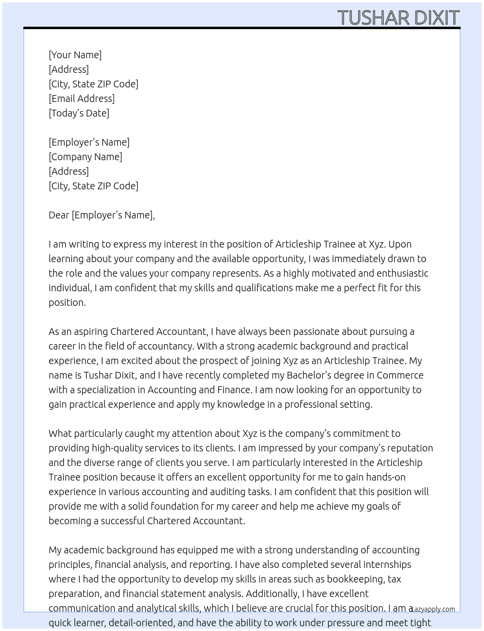 Cover letter for articleship trainee - LazyApply