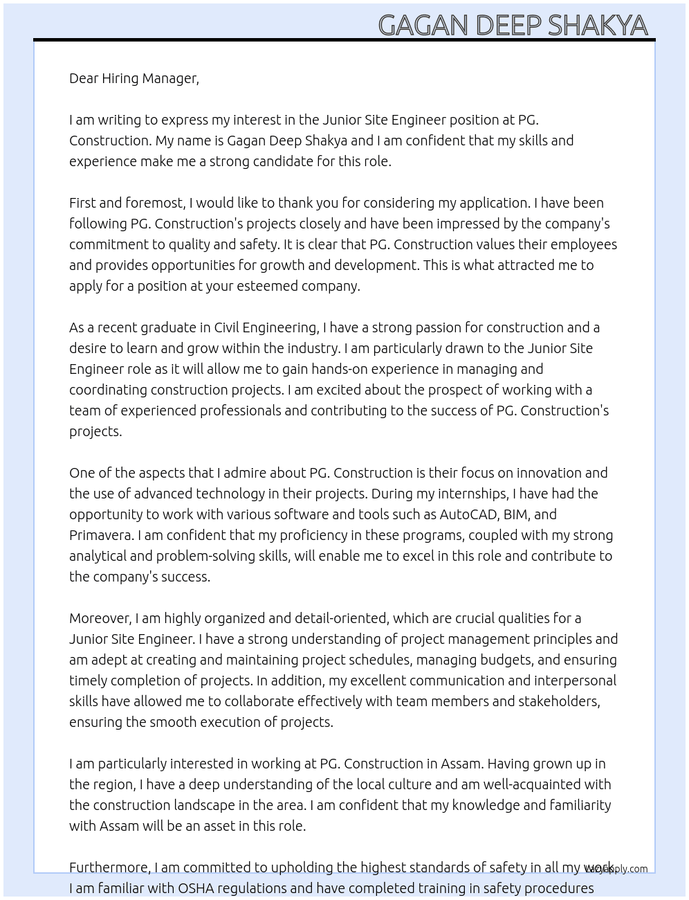 Cover letter for junior site engineer - LazyApply