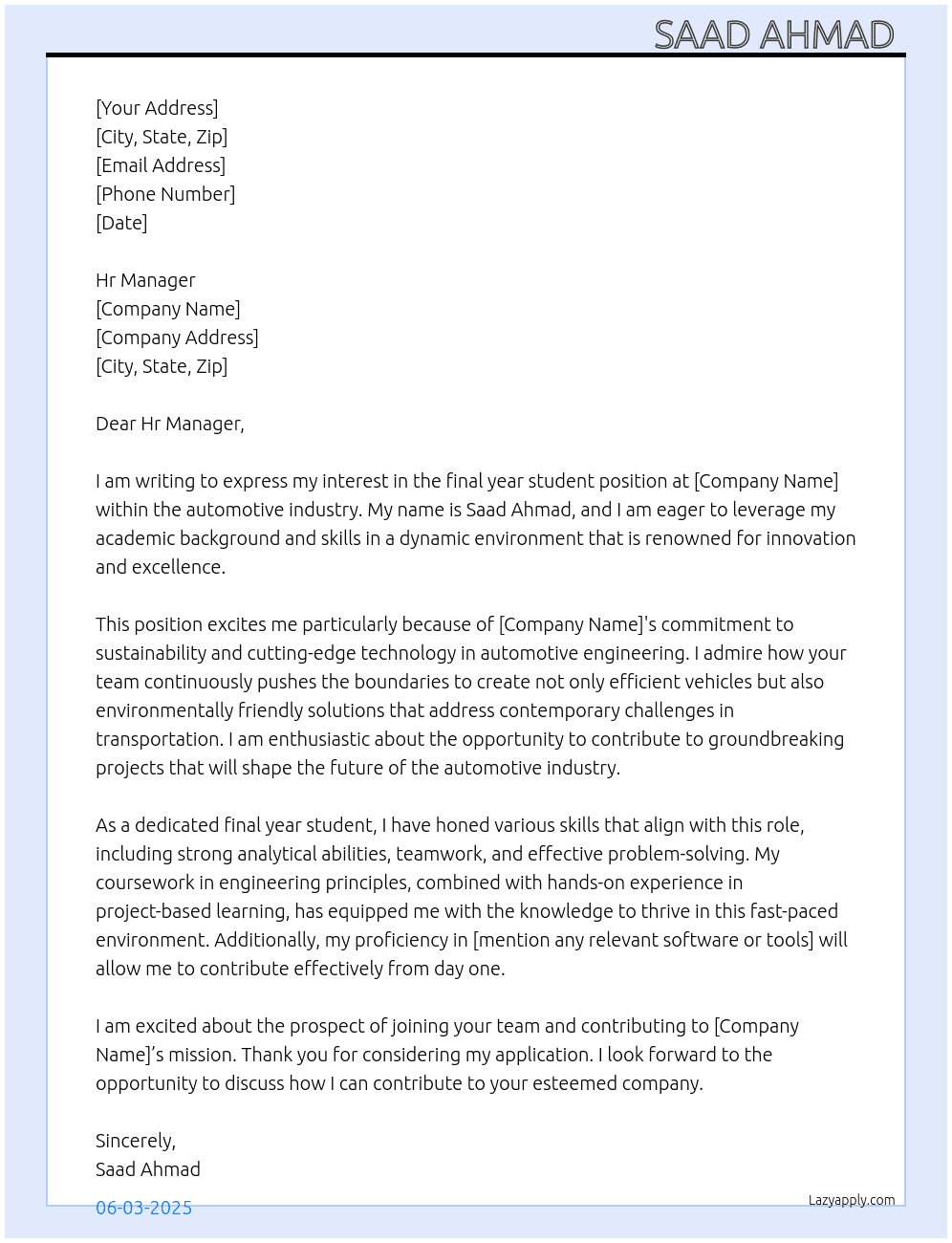 Final year student At Automotive industry  Cover Letter