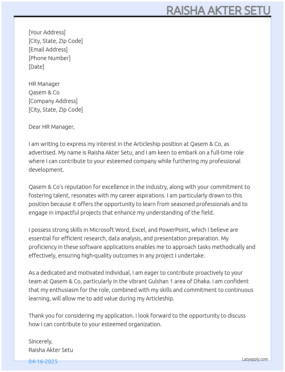 Articleship  At Qasem & Co Cover Letter
