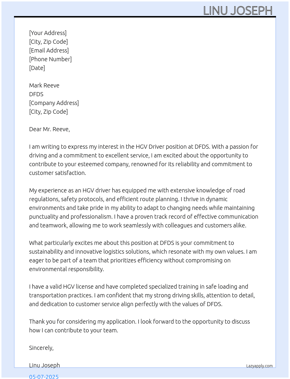 HGV DRIVER At DFDS Cover Letter