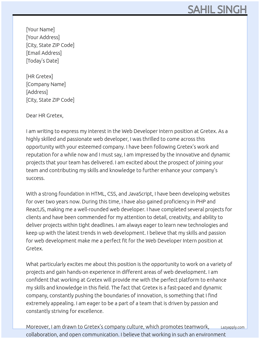 Cover letter for web devloper intern - LazyApply