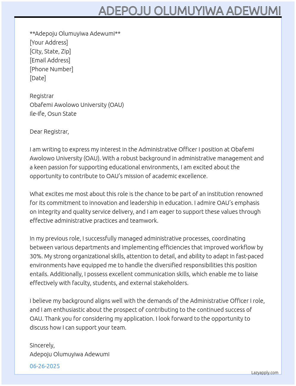 Cover letter for administrative officer i - LazyApply