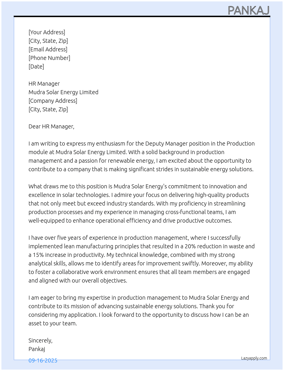 Deputy Manager (Module -Production  At Mudra Solar Energy Limited  Cover Letter