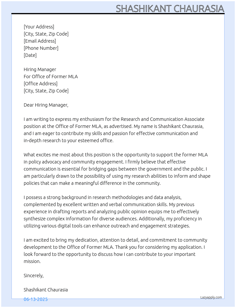 Cover letter for research and communication associate - LazyApply