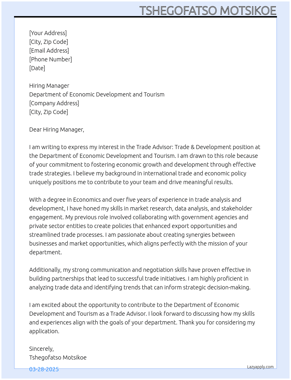 Trade Advisor: Trade & Development  At Department of Economic Development and Tourism  Cover Letter