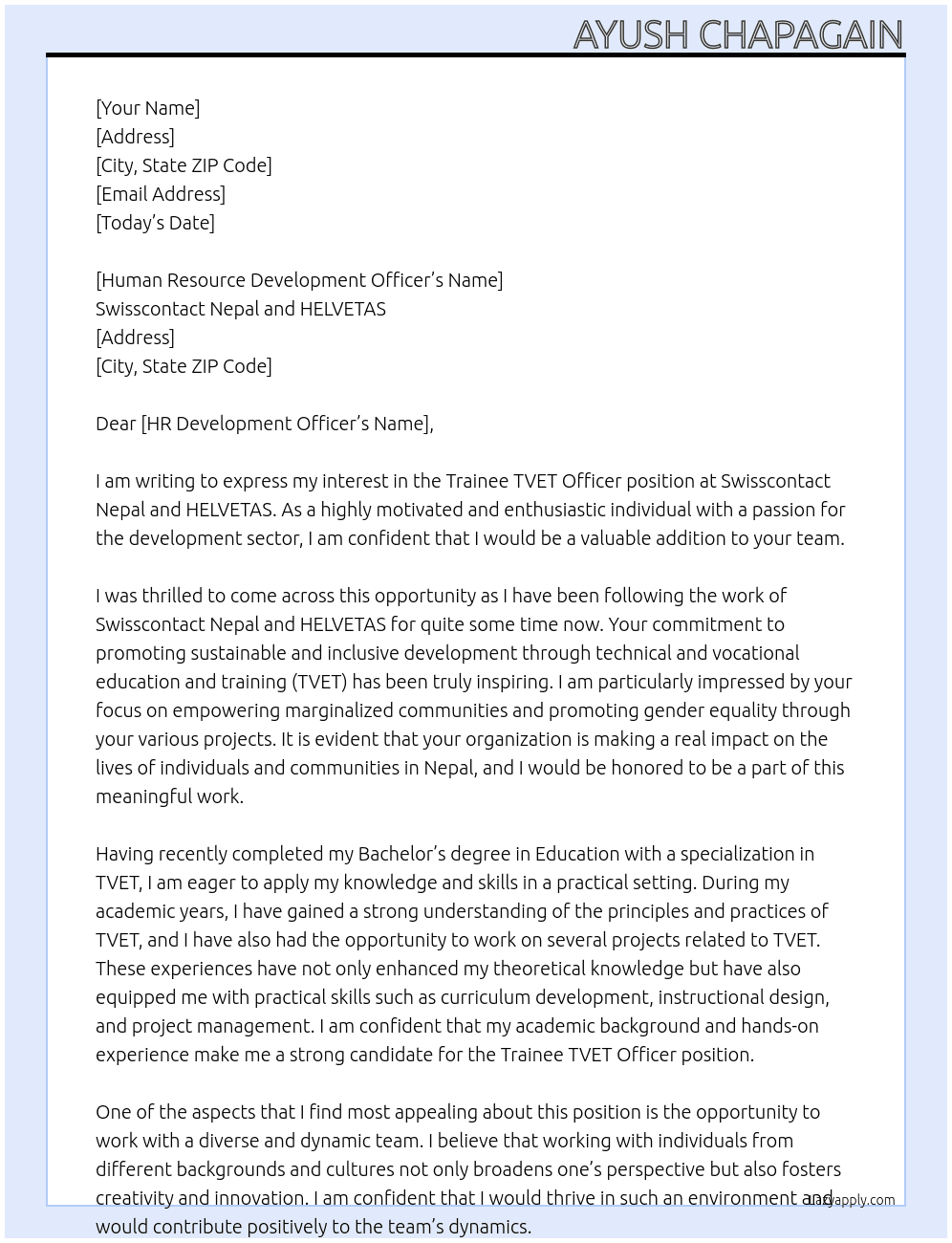 Trainee TVET Officer At Swisscontact Nepal and HELVETAS Cover Letter
