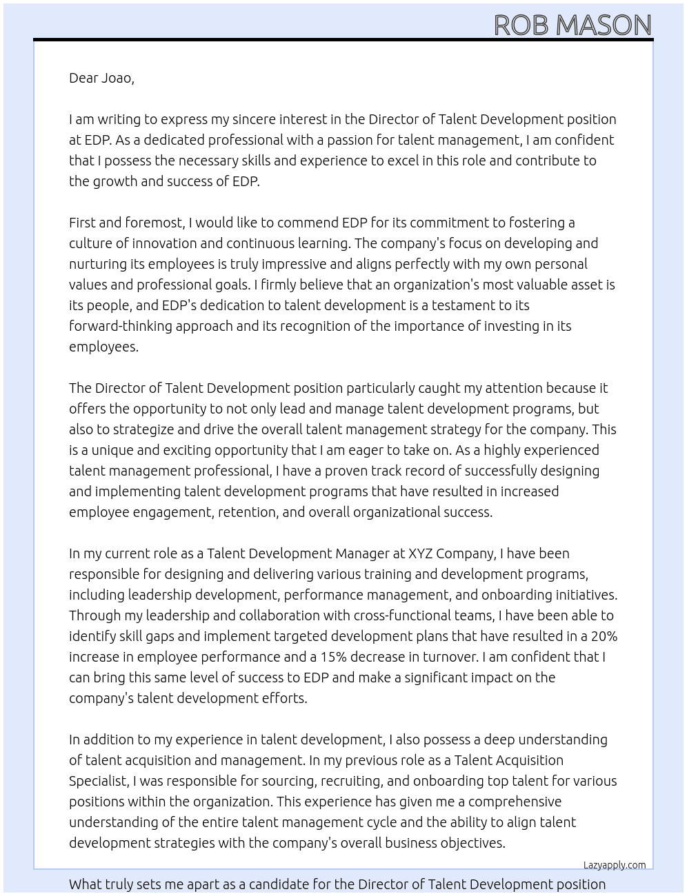 Director Talent Development  At EDP Cover Letter