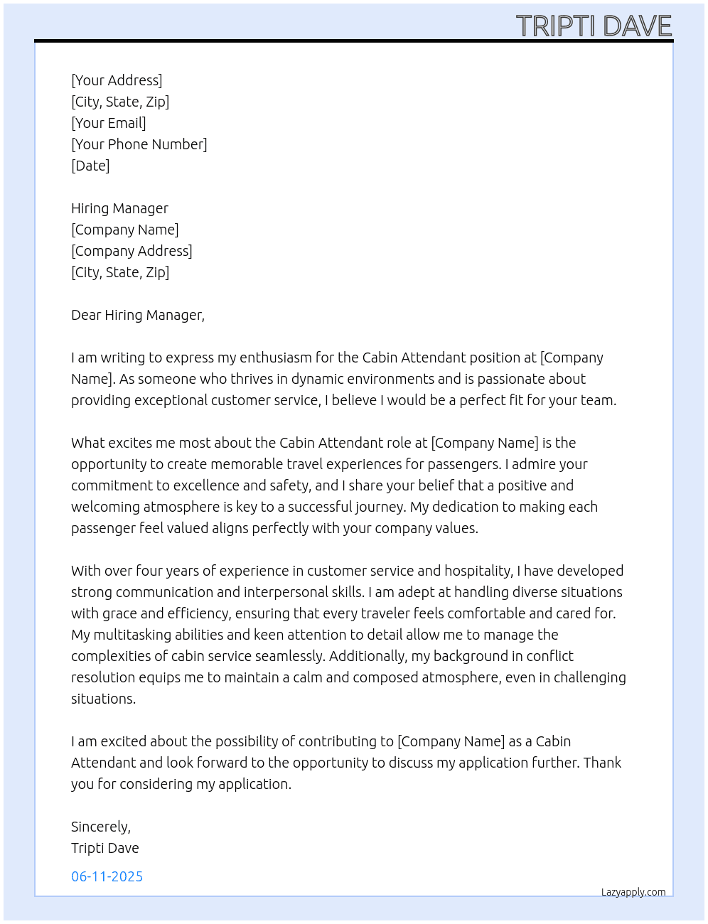 Cabin attendent  At No  Cover Letter