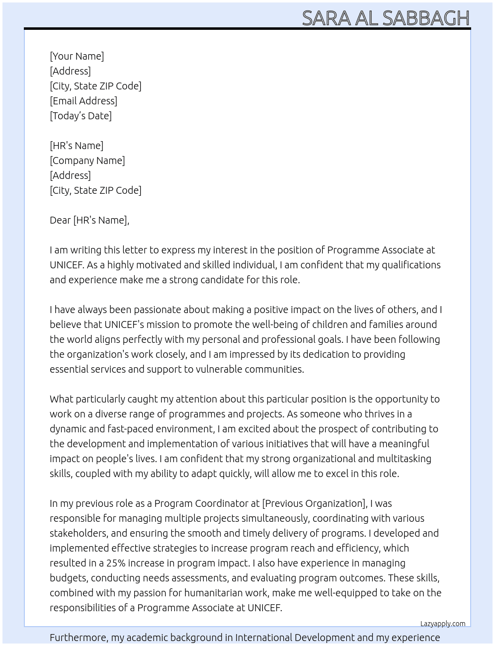 Programme Associate At UNICEF Cover Letter