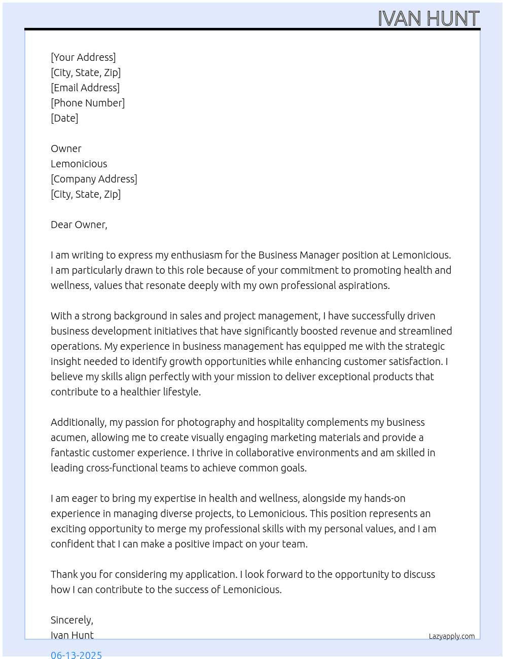 Business manager At Lemonicious  Cover Letter