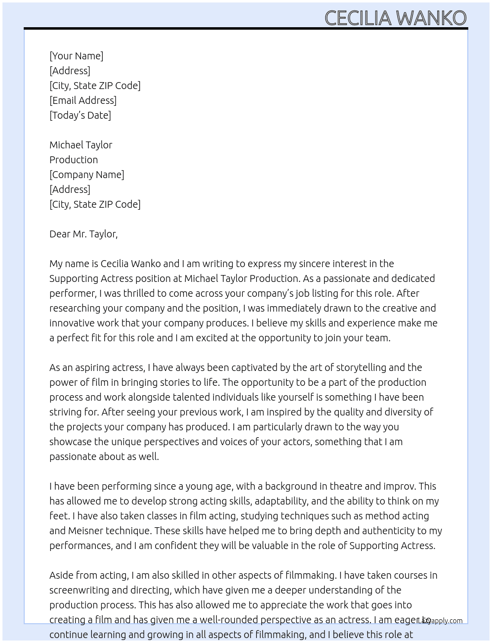 Cover letter for supporting actress - LazyApply