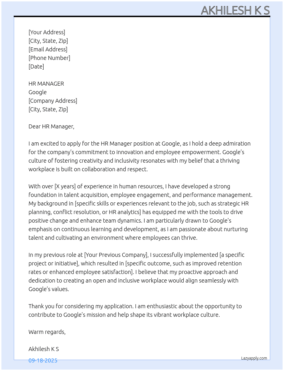 Cover letter for hr manager - LazyApply