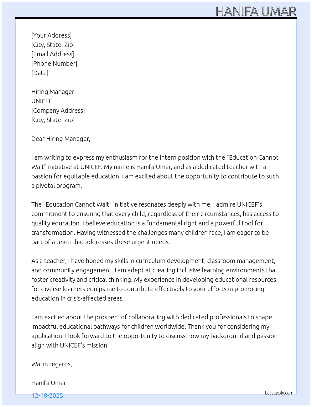 Cover letter for intern education cannot wait - LazyApply
