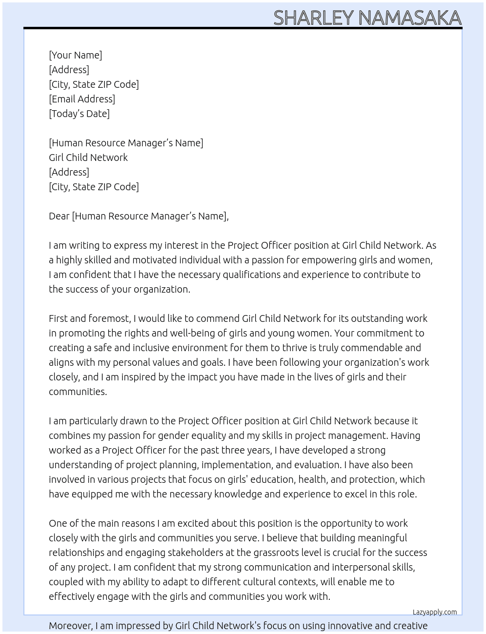Project Officer  At Girl Child Network Cover Letter