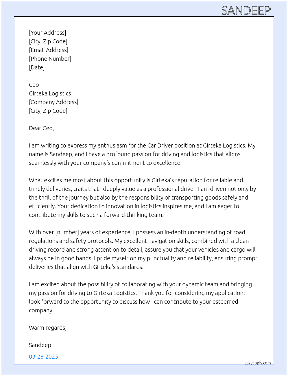 Car Driver At Girteka logistics Cover Letter