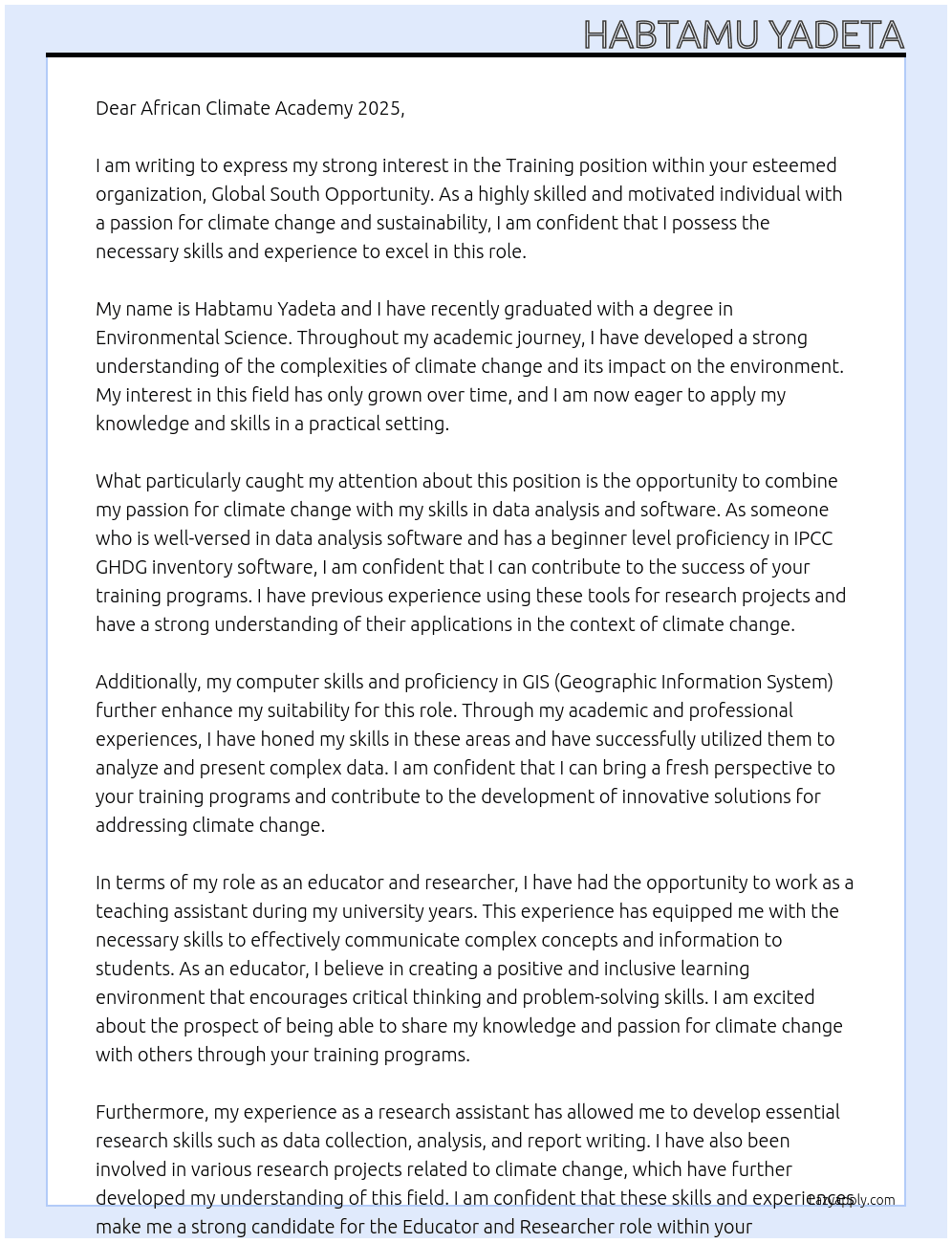 Training At Global South Opportunity Cover Letter