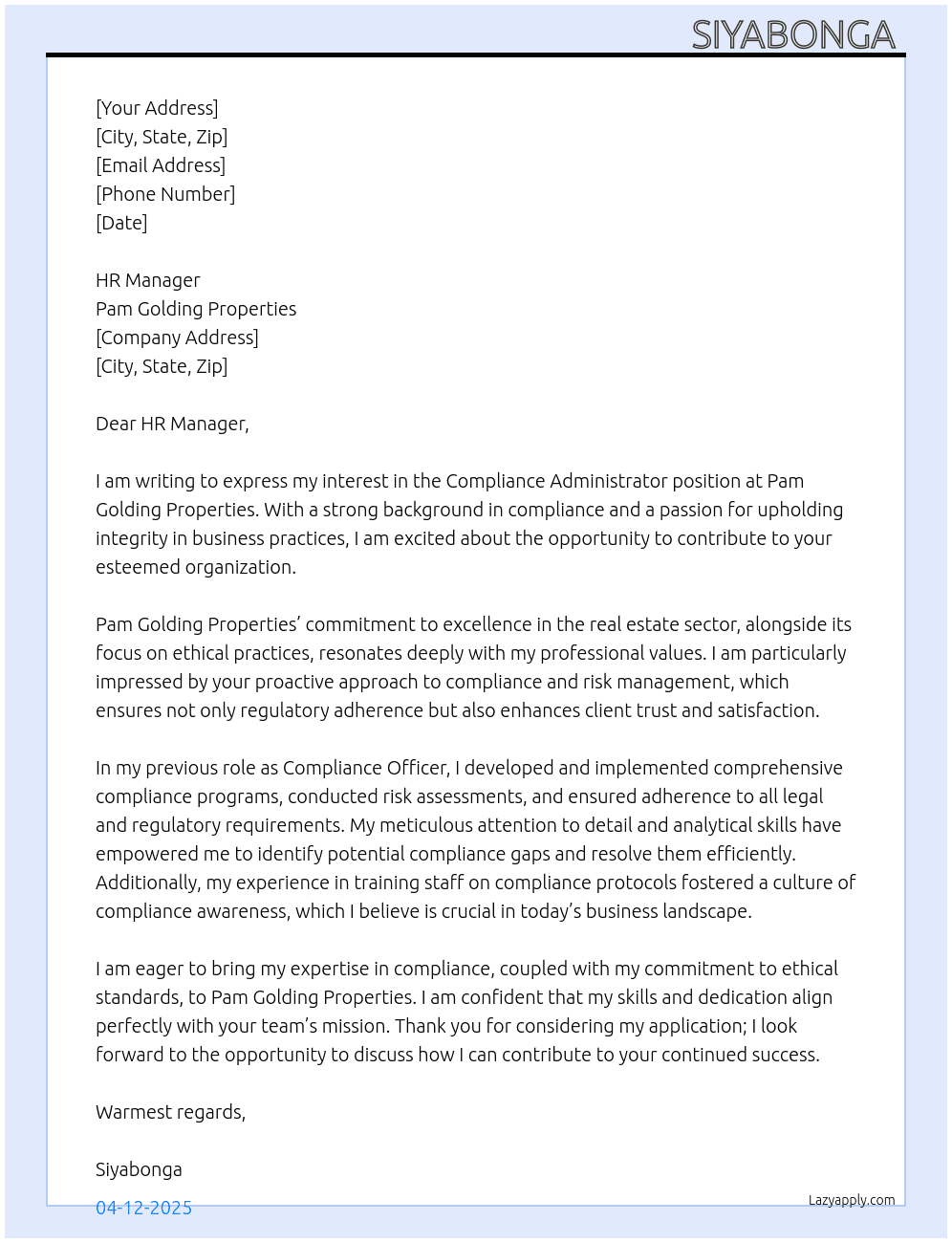 Cover letter for compliance administrator - LazyApply