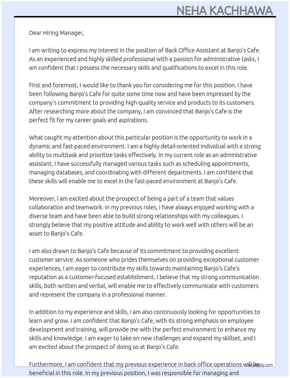 Cover letter for back office assistant - LazyApply