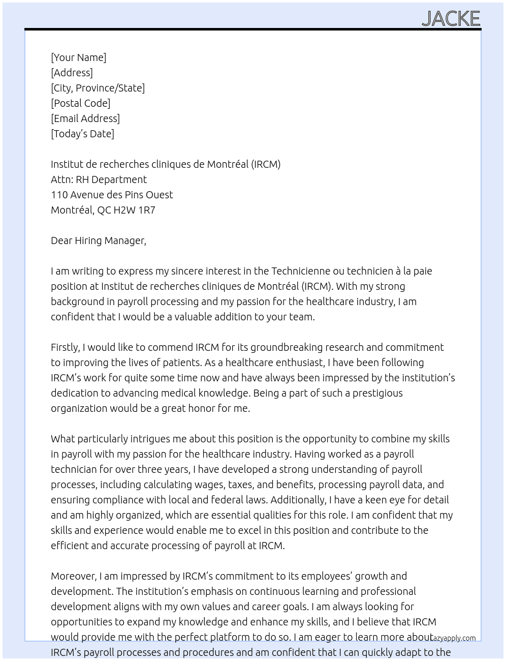 Cover letter for technicienne ou technicien à la paie - LazyApply