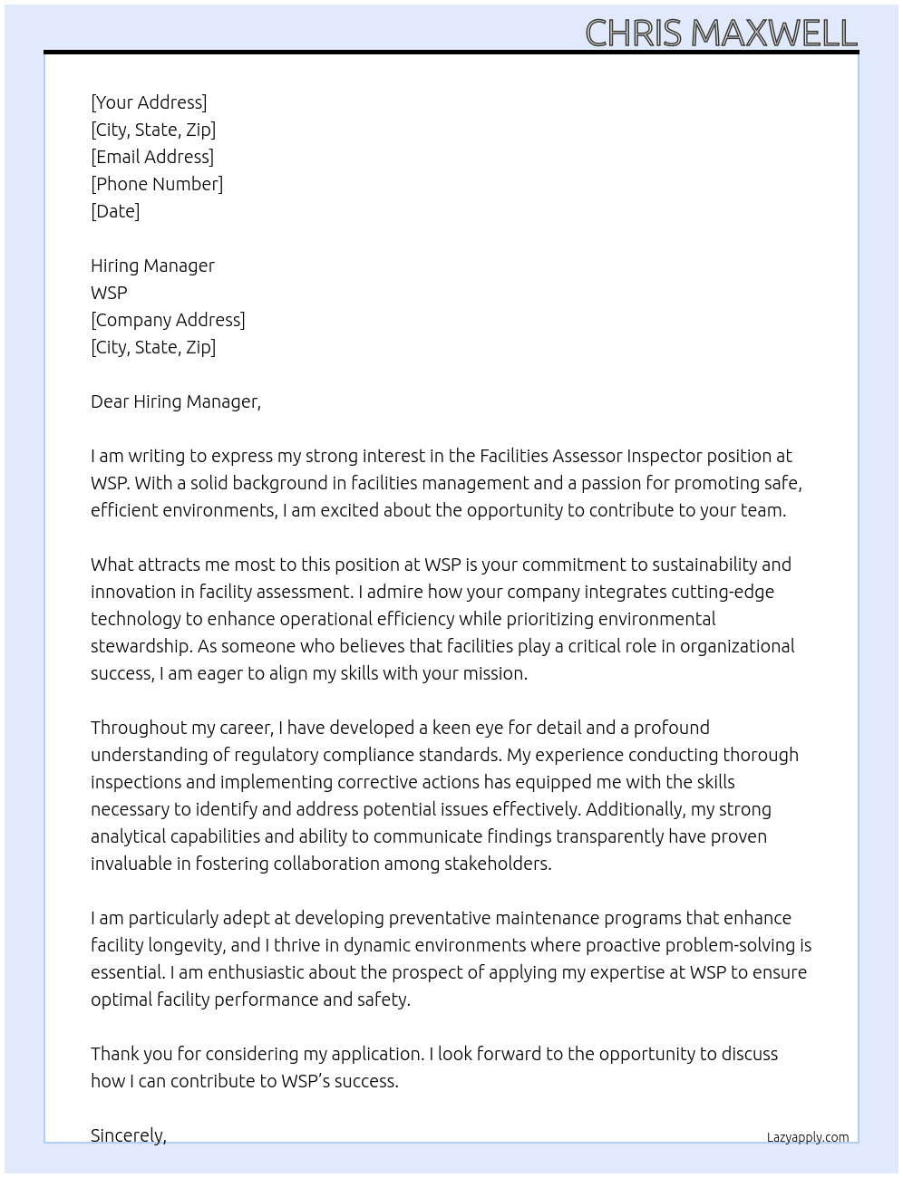 Cover letter for facilities assessor inspector - LazyApply