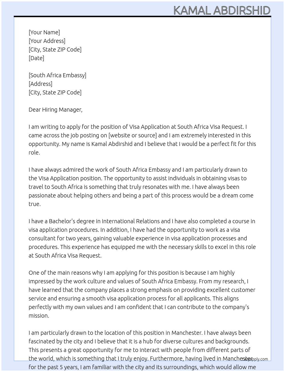 Cover letter for visa application - LazyApply