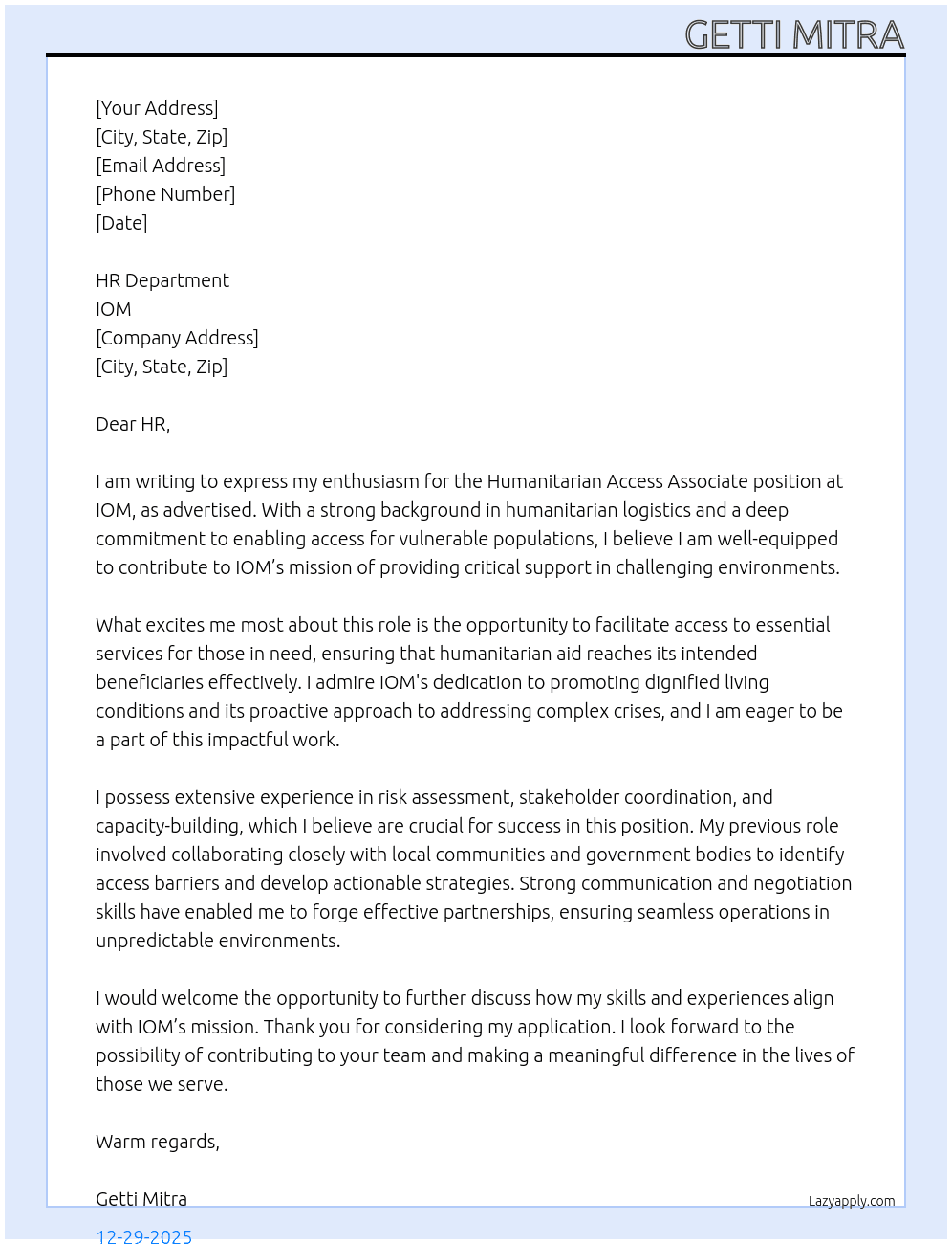 Humanitarian Access Associate At IOM Cover Letter