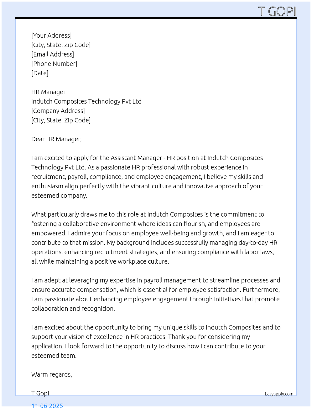 Assistant Manager - HR At Indutch Composites Technology Pvt Ltd Cover Letter
