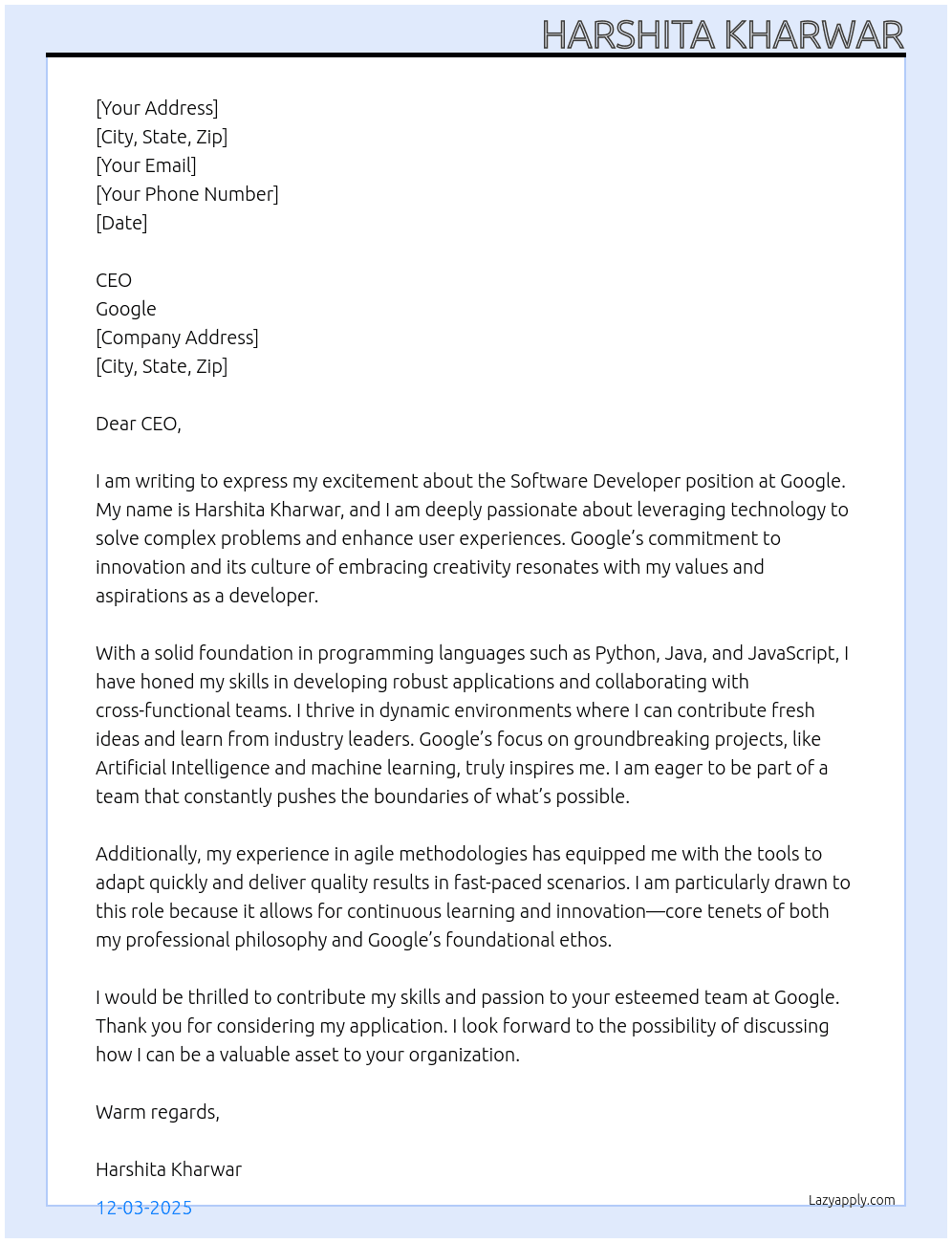 Cover letter for sofware developer - LazyApply