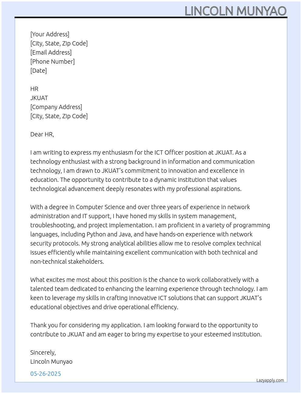 ICT officer At JKUAT Cover Letter