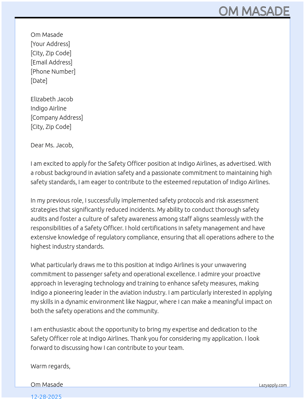 Sefty officer  At Indigo air line Cover Letter