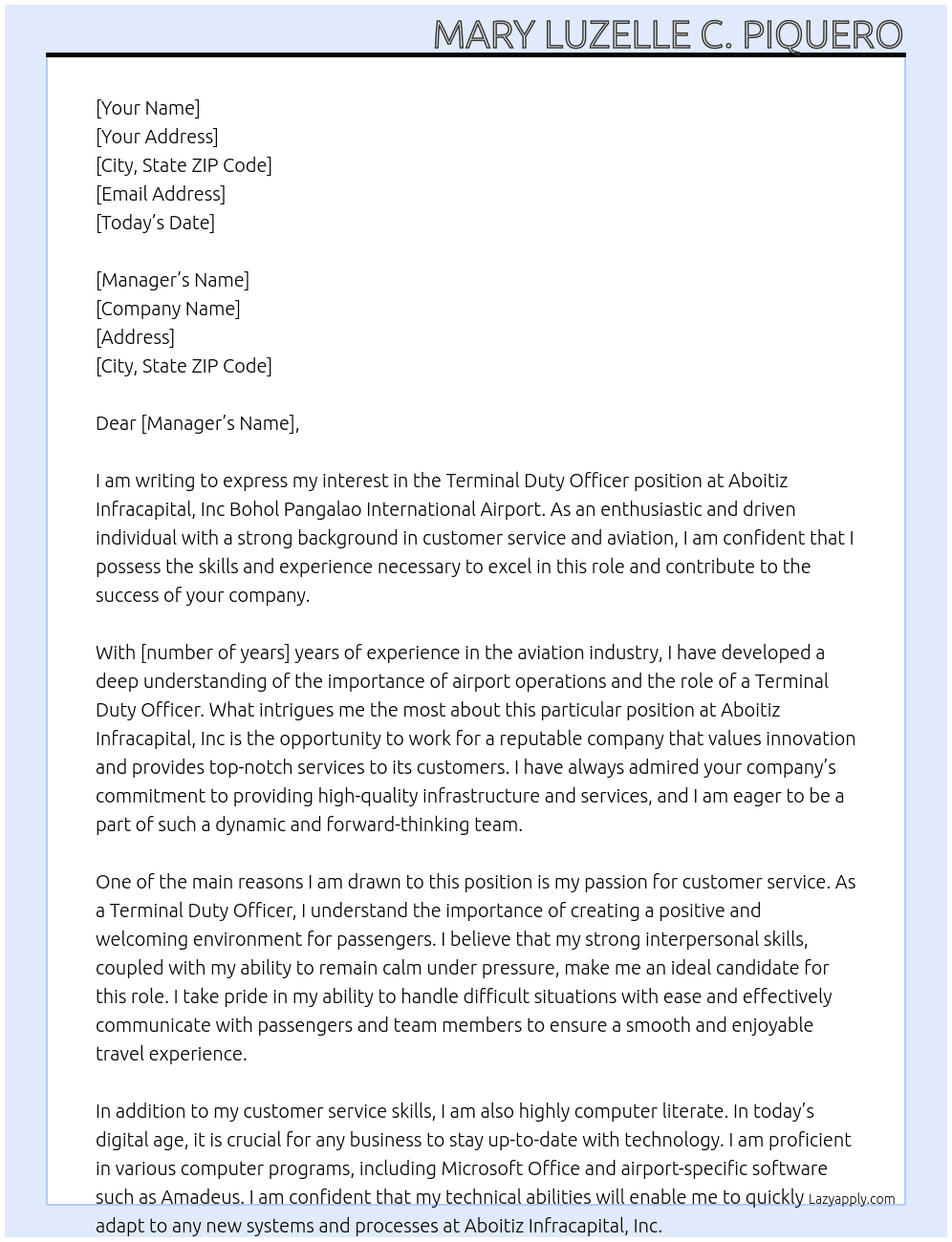 Terminal Duty Officer At Aboitiz Infracapital, Inc Bohol Pangalao International Airport Cover Letter