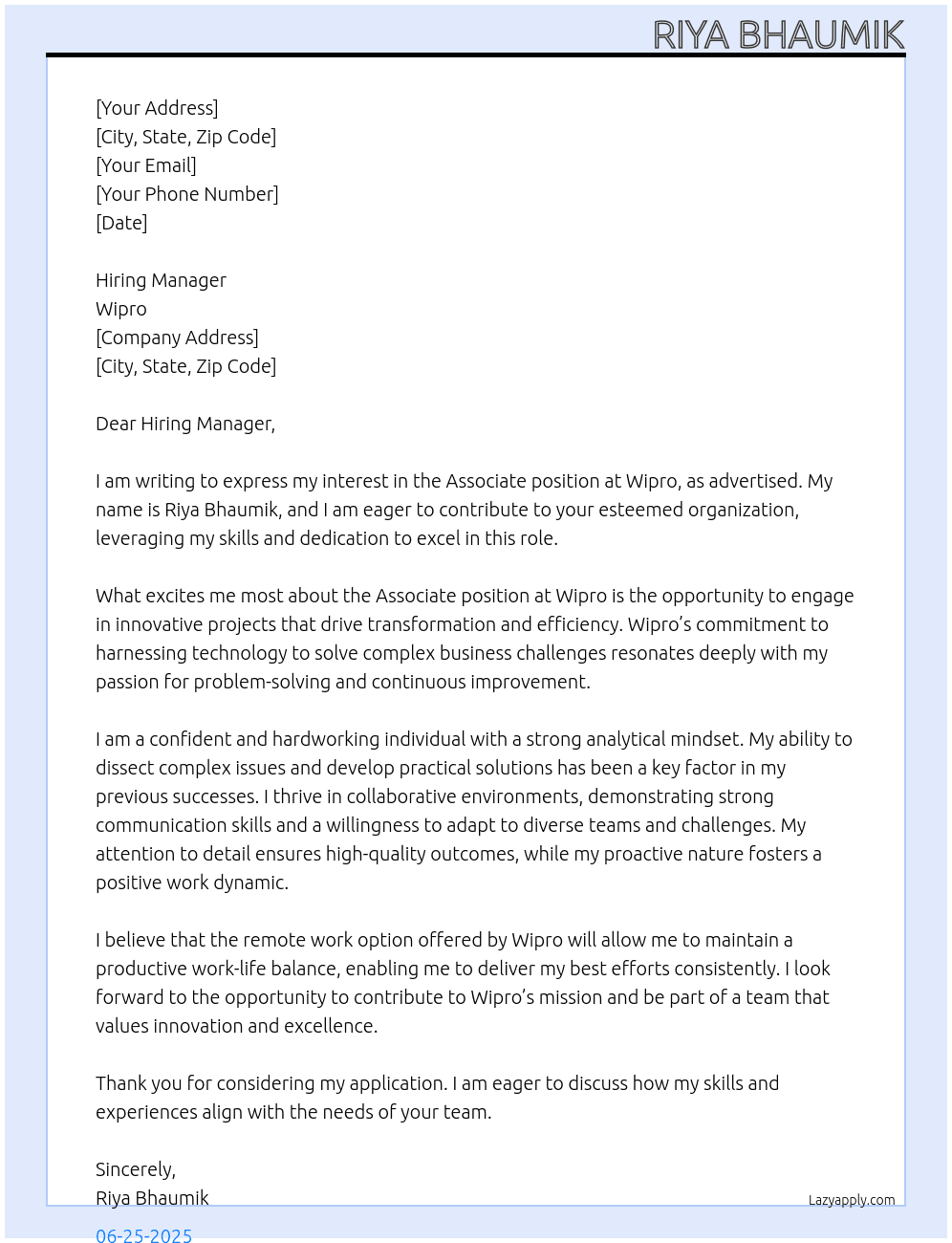 associate At wipro Cover Letter