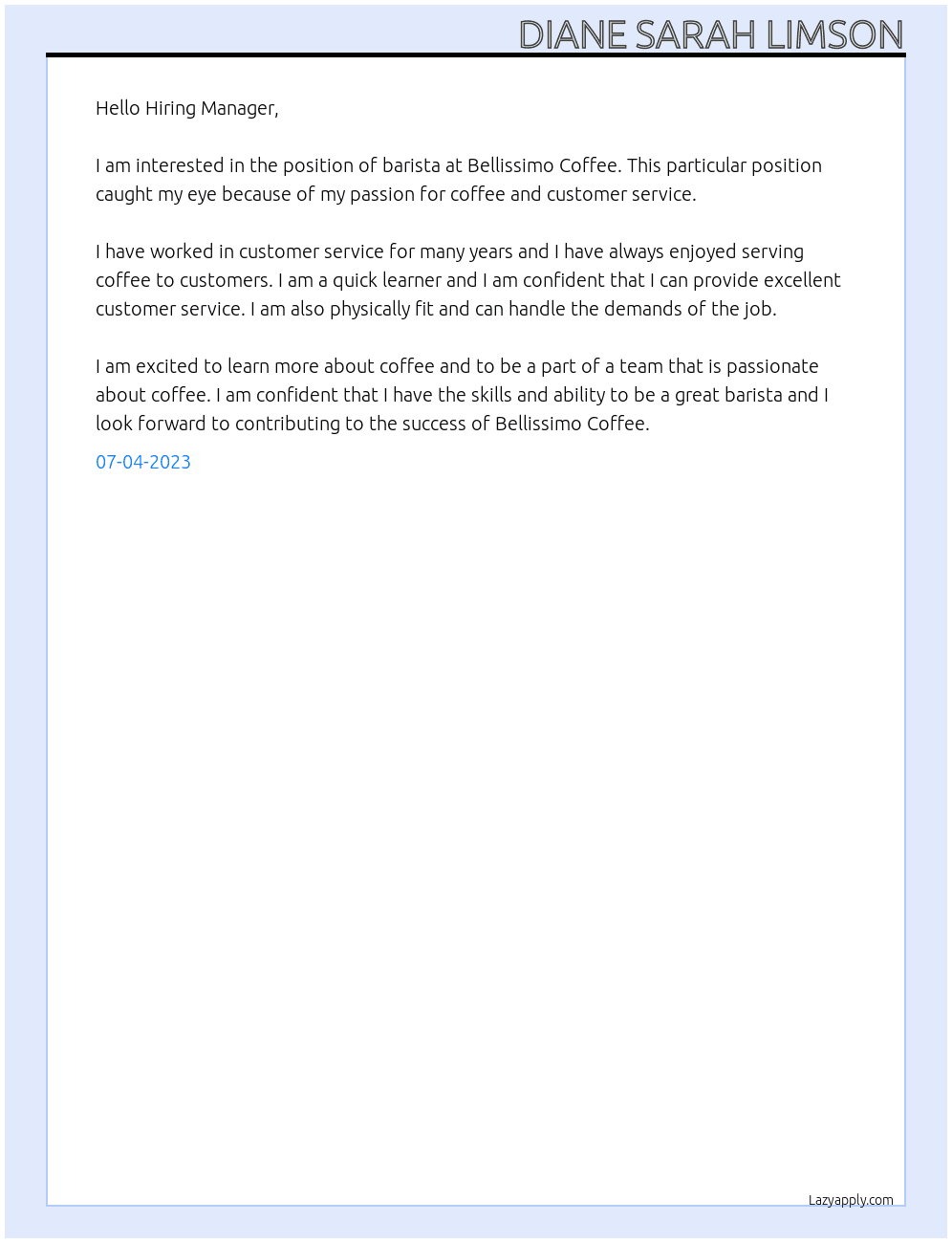 Barista At Bellissimo Coffee  Cover Letter