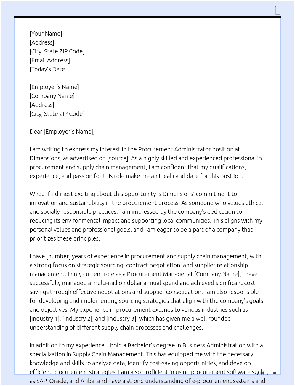 Procurement Administrator At Dimensions Cover Letter