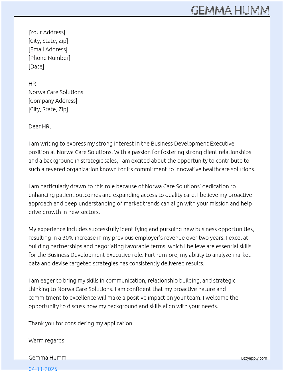 Business Development Executive  At Norwa Care Solutions  Cover Letter