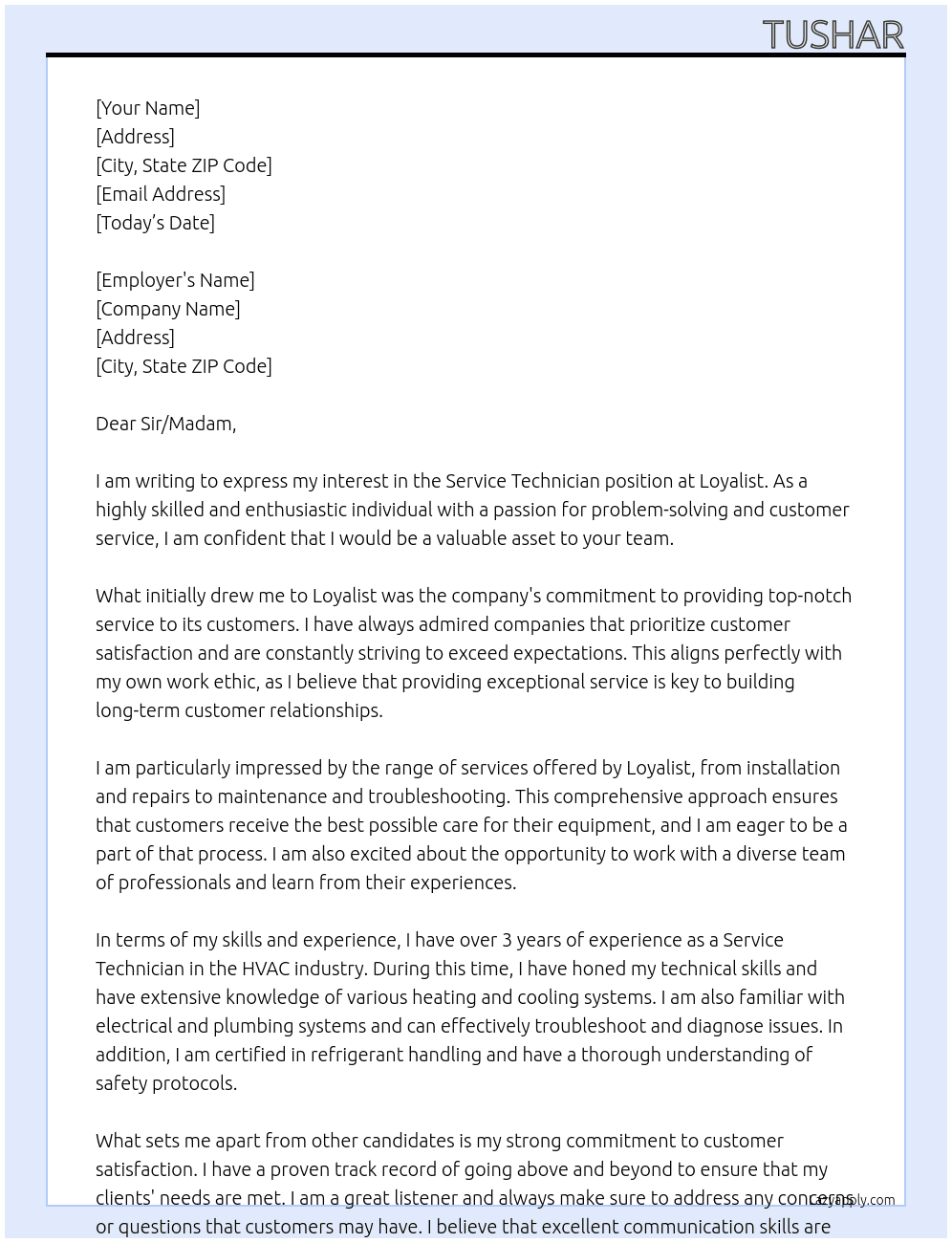 Service technician  At Loyalist  Cover Letter