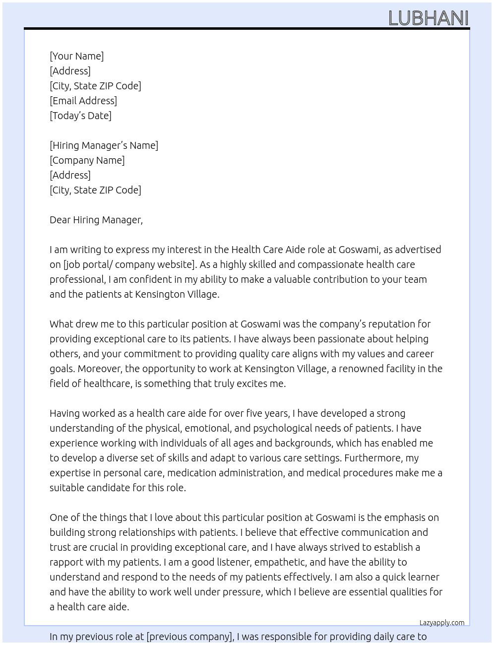 Health care aide At Goswami Cover Letter