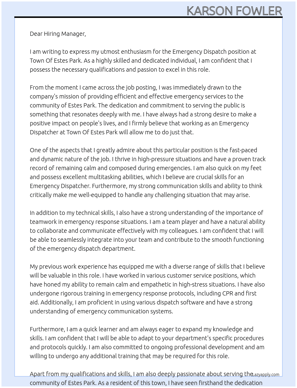 Emergency Dispatch At Town Of Estes Park Cover Letter