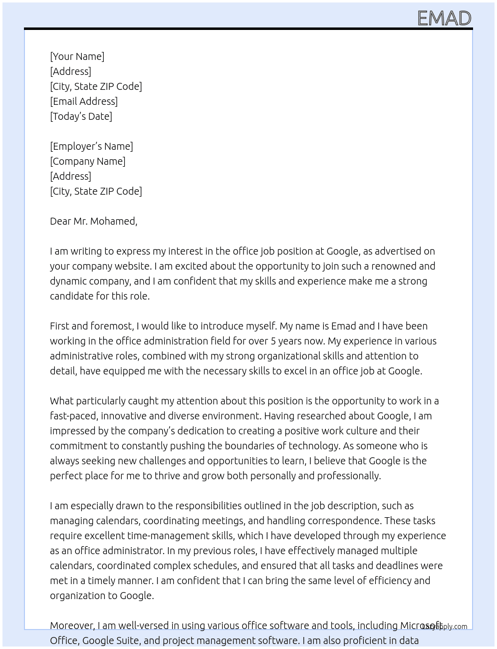 office job At google Cover Letter