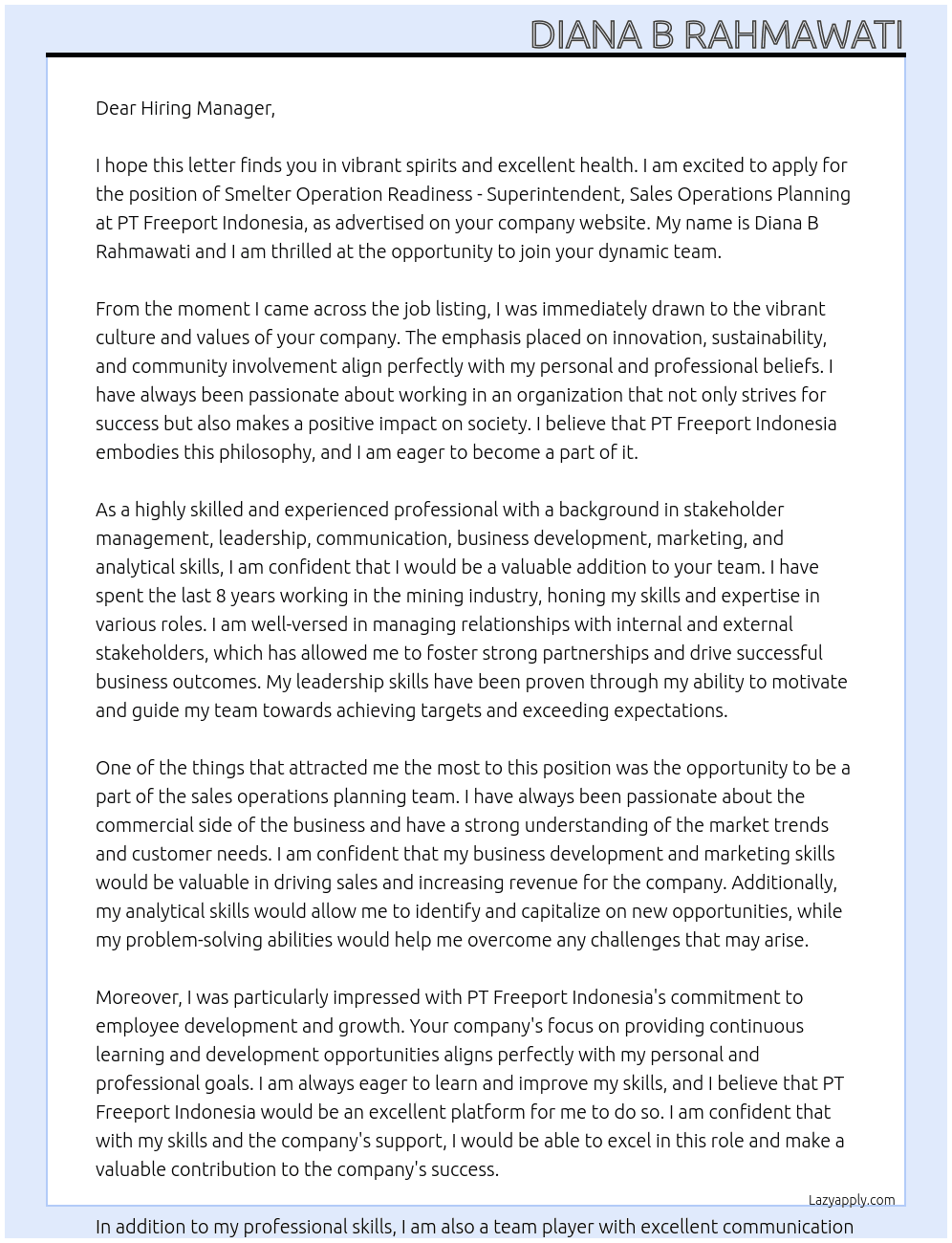 Smelter Operation Readiness - Superintendent, Sales Operations Planning At PT Freeport Indonesia Cover Letter